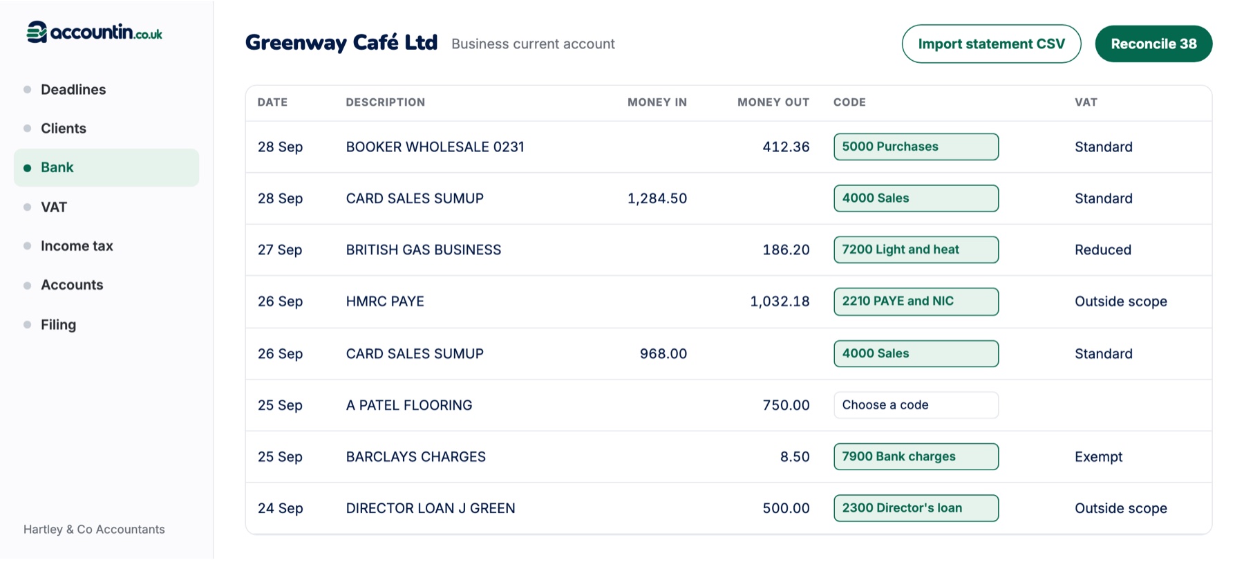 Bank reconciliation screen with a code and VAT rate against each transaction