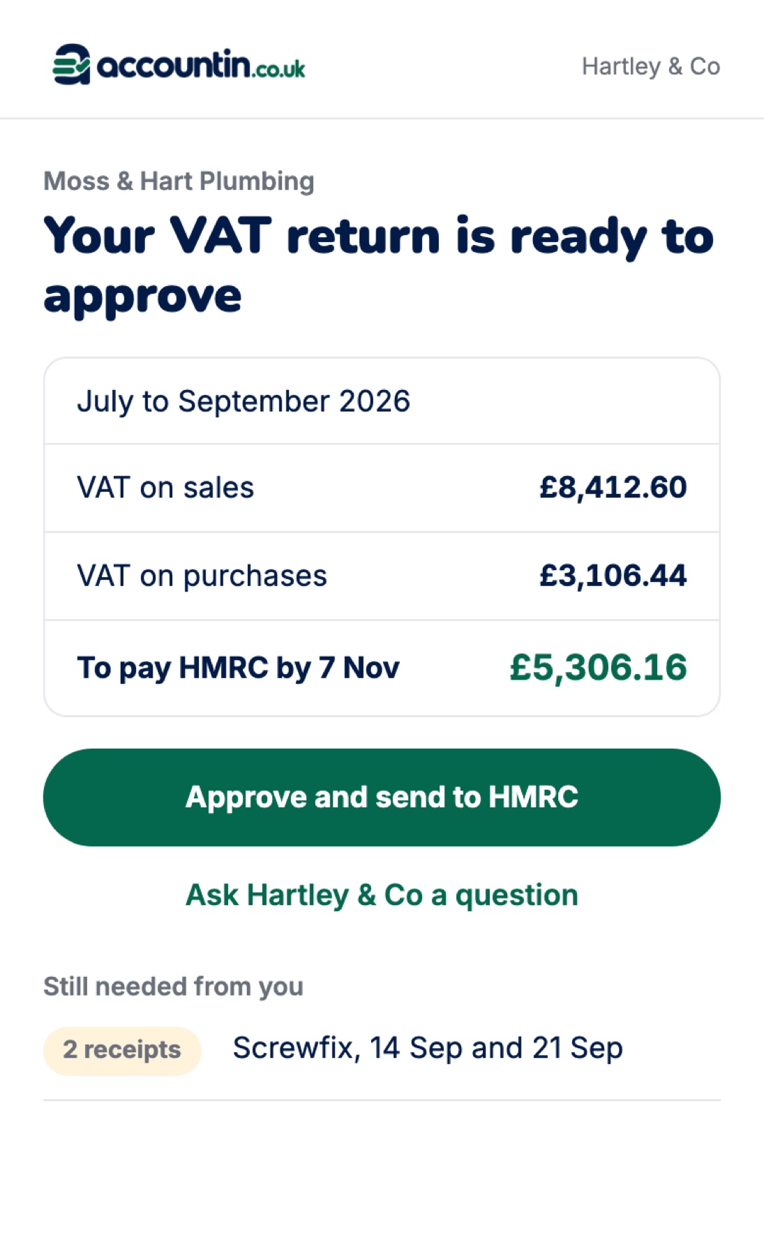 A client approving their VAT return on a phone