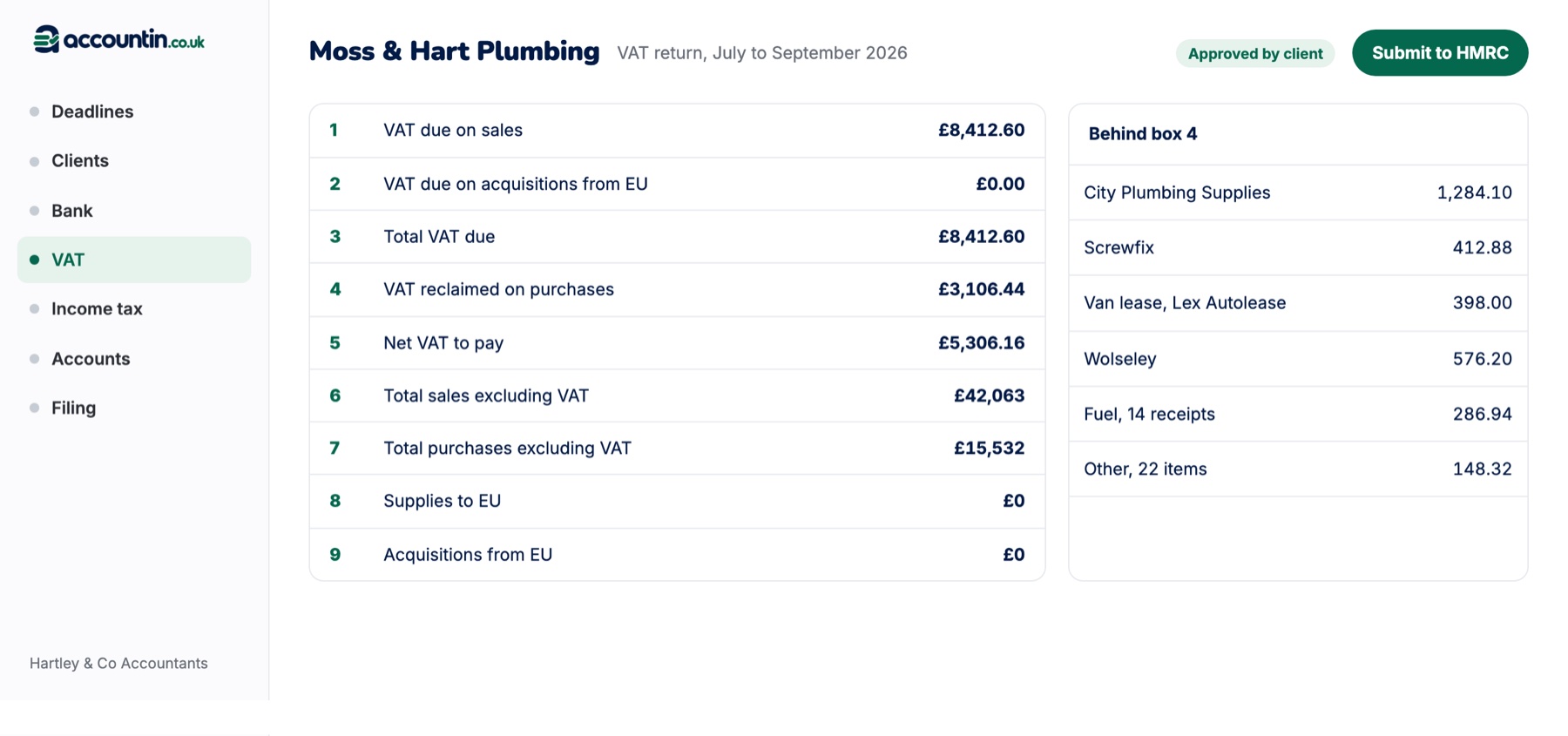 VAT return with the nine boxes and the purchases behind box 4